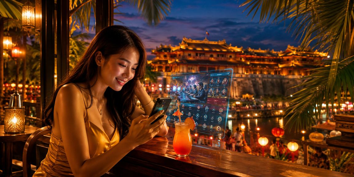 Chợ đêm Huế minh họa người dùng Việt theo dõi esports trên điện thoại